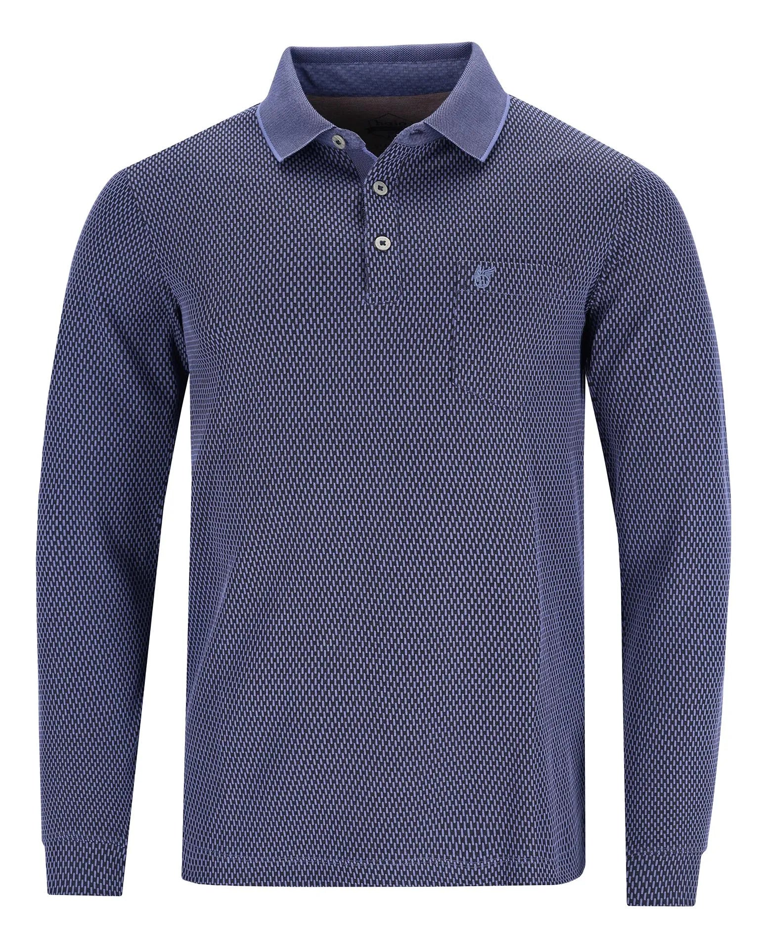 Marineblaues langärmeliges Poloshirt mit strukturiertem Strickmuster.