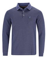 Marineblaues langärmeliges Poloshirt mit strukturiertem Strickmuster.