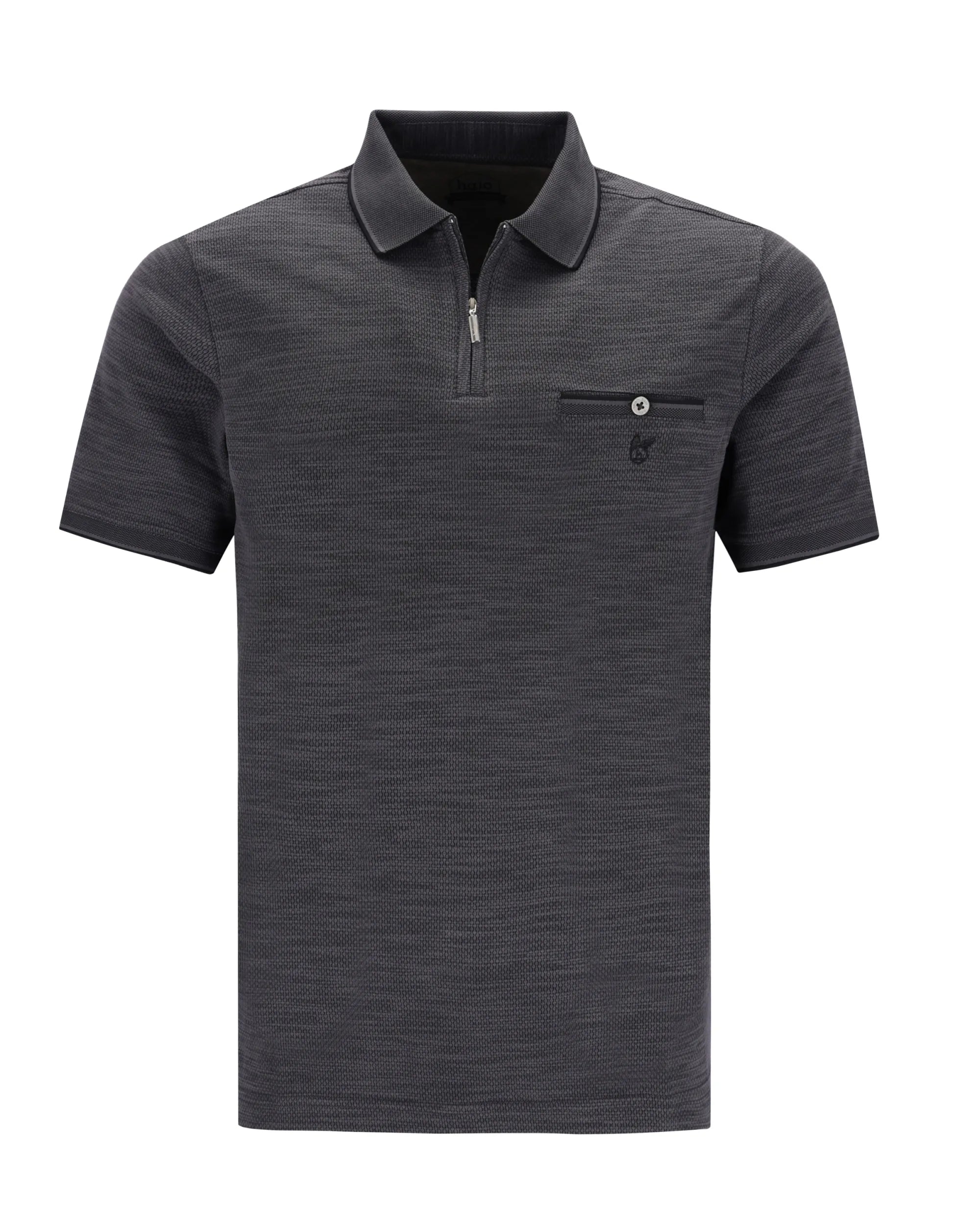 Anthrazitfarbenes Poloshirt mit Reißverschluss und Taschendesign.