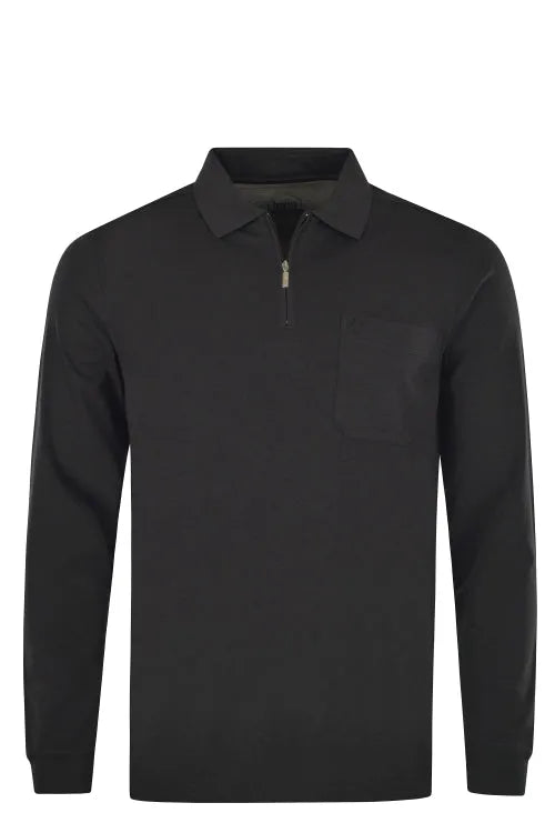 Schwarzes, langärmeliges Poloshirt mit halbem Reißverschluss und Taschendetails.