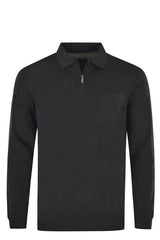 Schwarzes, langärmeliges Poloshirt mit halbem Reißverschluss und Taschendetails.
