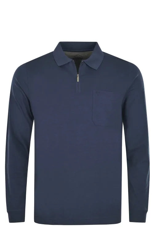 Marineblaues Poloshirt mit halbem Reißverschluss und Taschendetail.