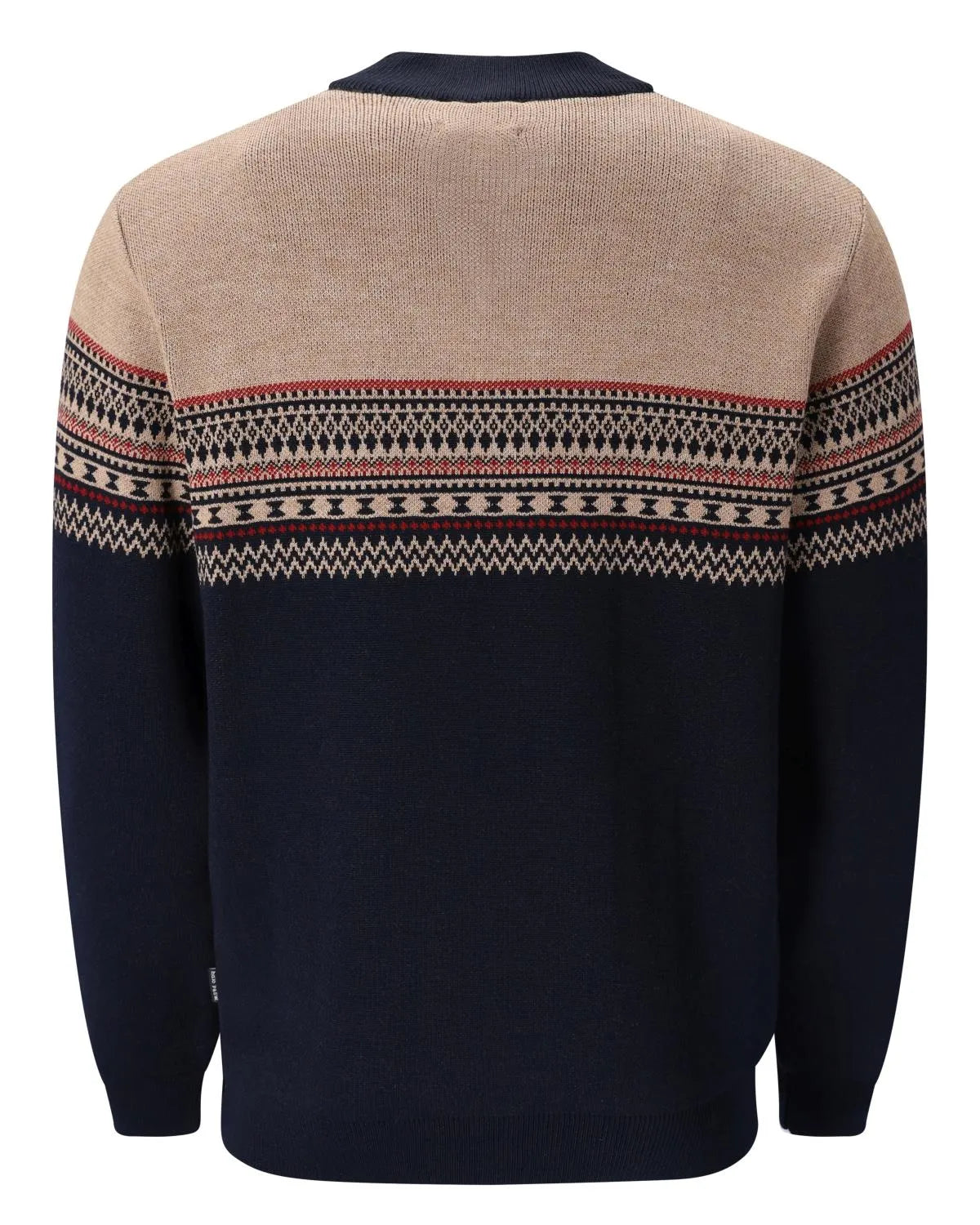 Marineblauer Pullover mit beige-rot gemusterter Passe, Rundhalsausschnitt.