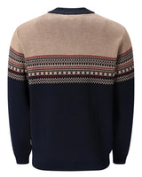 Marineblauer Pullover mit beige-rot gemusterter Passe, Rundhalsausschnitt.