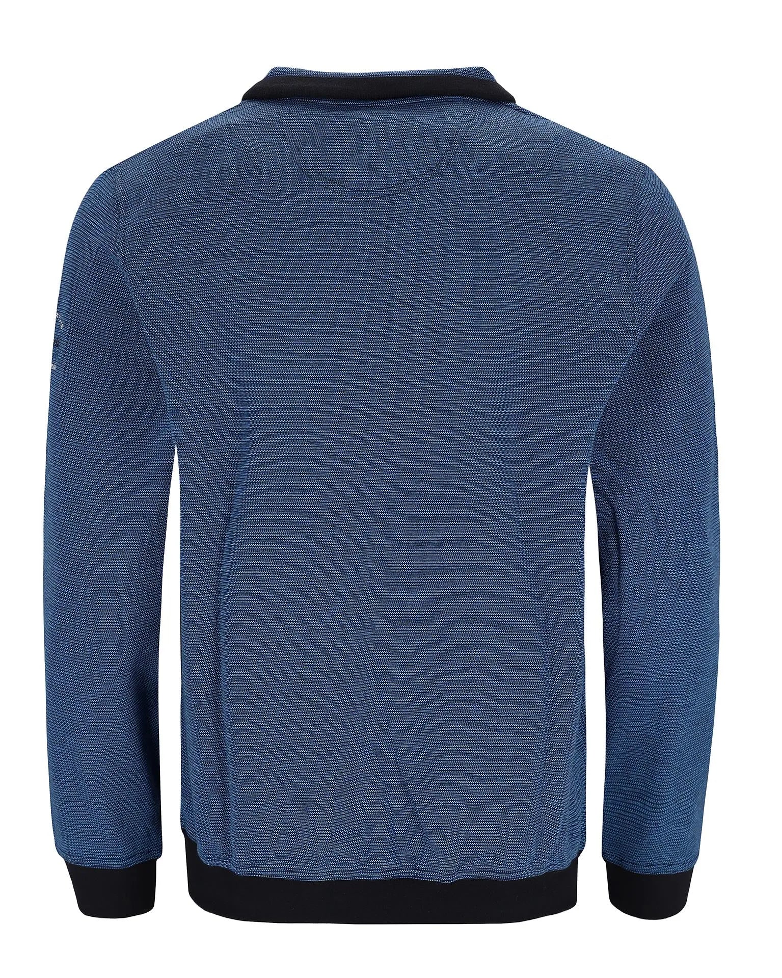Blaue strukturierte Bomberjacke mit schwarzen Akzenten und Reißverschluss.