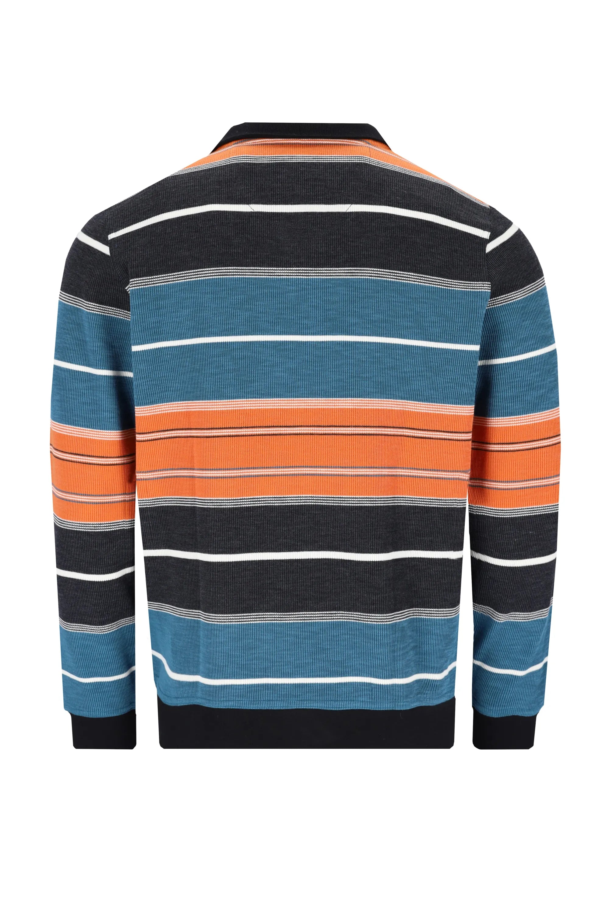Gestreifter Pullover mit orangefarbenen, blauen und schwarzen Streifen auf weißem Grund.