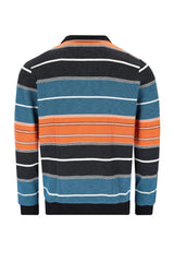 Gestreifter Pullover mit orangefarbenen, blauen und schwarzen Streifen auf weißem Grund.