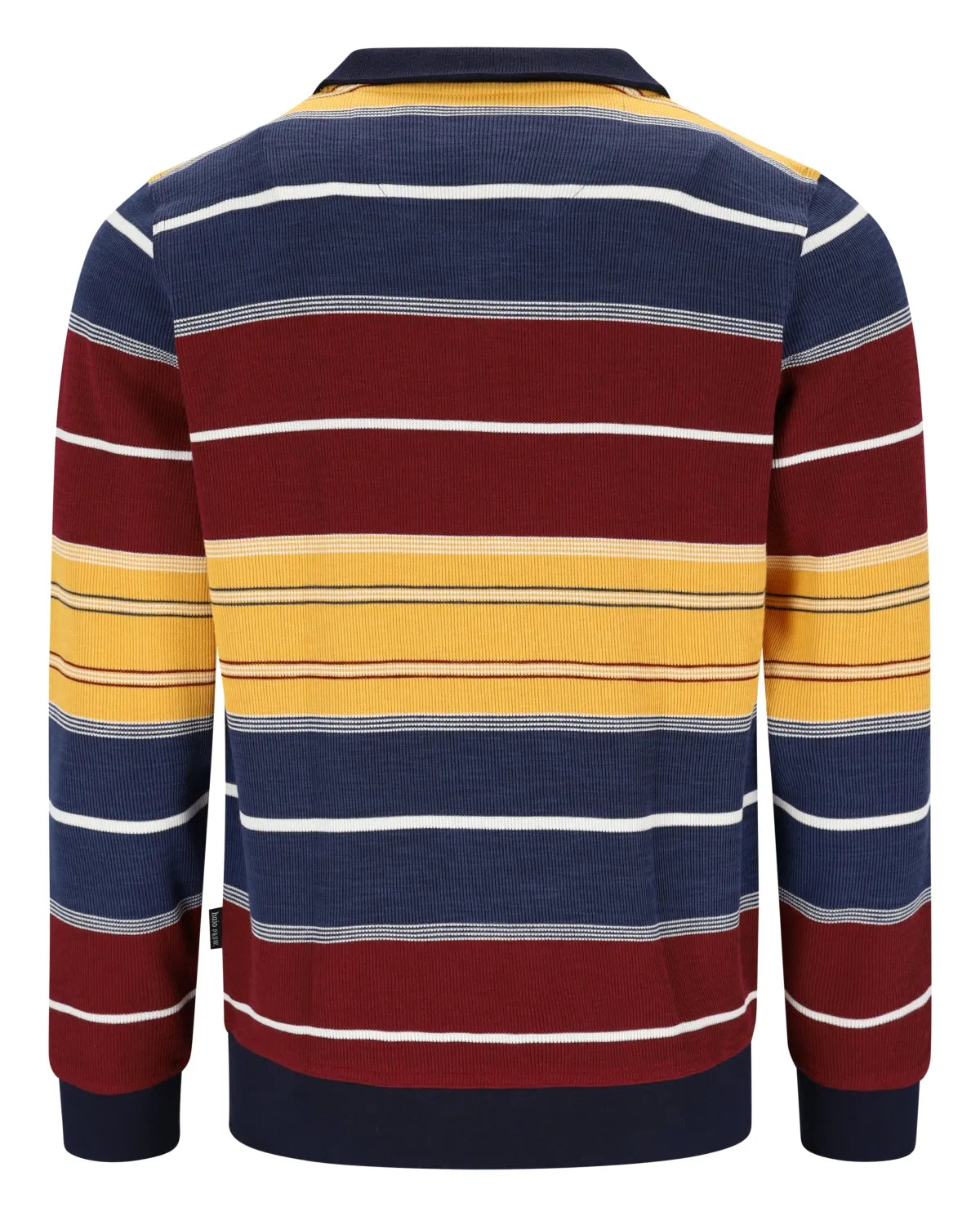 Mehrfarbig gestreiftes Poloshirt mit marineblauen, gelben und kastanienbraunen Streifen auf weißem Grund.