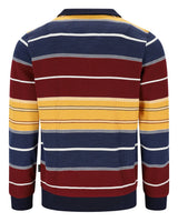 Mehrfarbig gestreiftes Poloshirt mit marineblauen, gelben und kastanienbraunen Streifen auf weißem Grund.