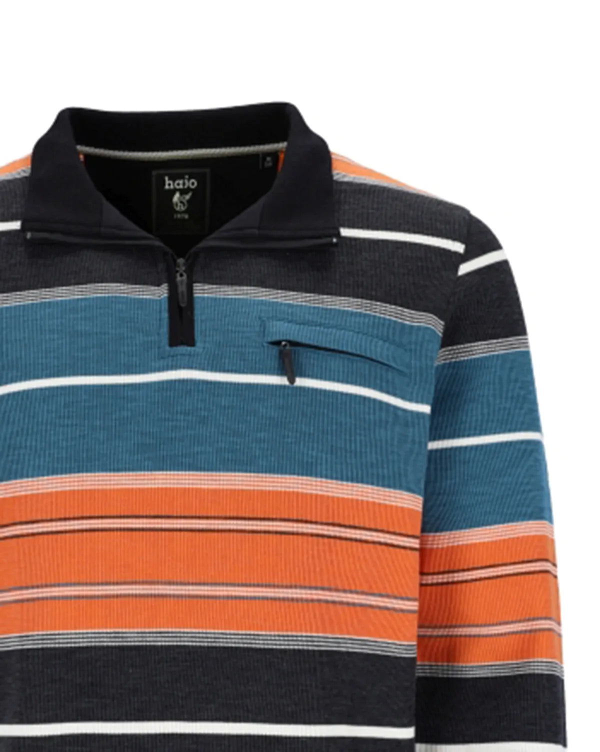 Halo-Poloshirt mit orangefarbenen und blaugrünen Streifen, kurzen Ärmeln und Taschendetail.