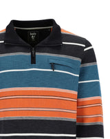 Halo-Poloshirt mit orangefarbenen und blaugrünen Streifen, kurzen Ärmeln und Taschendetail.