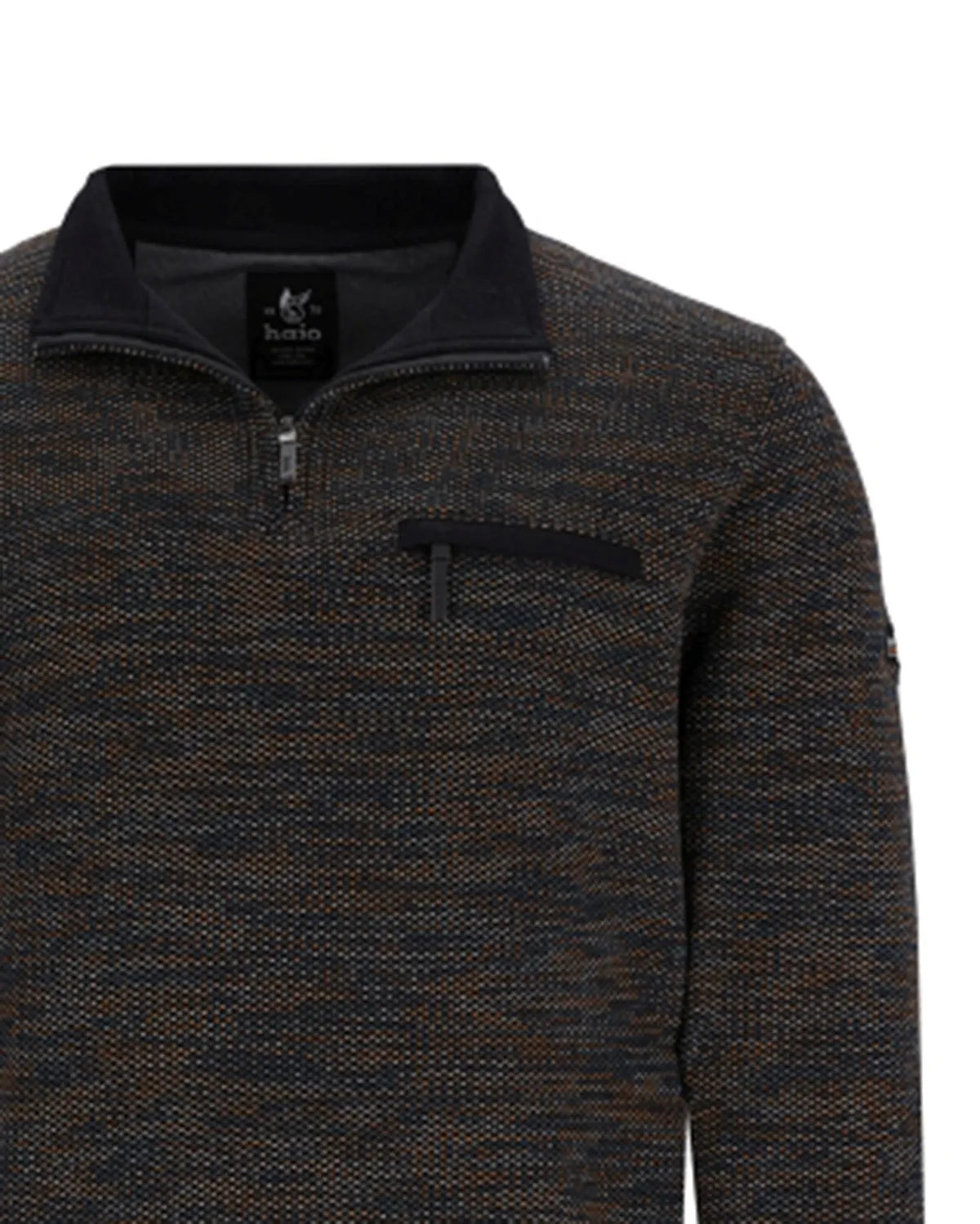 Anthrazitfarbener strukturierter Pullover mit schwarzen Akzenten und Reißverschluss.