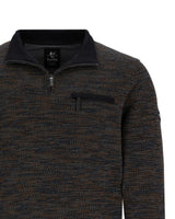 Anthrazitfarbener strukturierter Pullover mit schwarzen Akzenten und Reißverschluss.