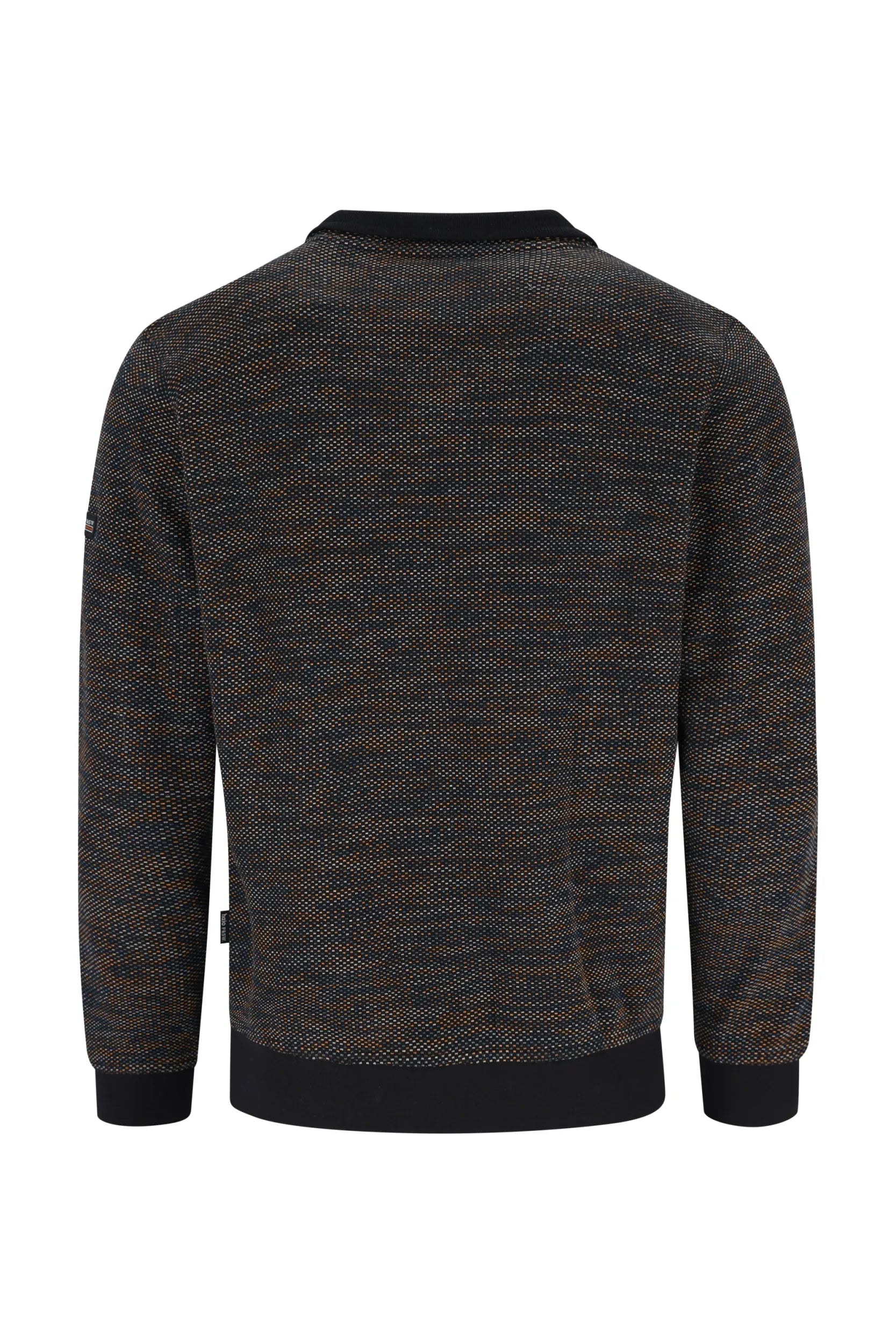 Anthrazitfarbener strukturierter Pullover mit schwarzen Bündchen und Saum, wahrscheinlich aus Baumwoll- oder Polyestermischung.