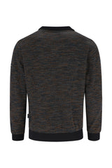 Anthrazitfarbener strukturierter Pullover mit schwarzen Bündchen und Saum, wahrscheinlich aus Baumwoll- oder Polyestermischung.