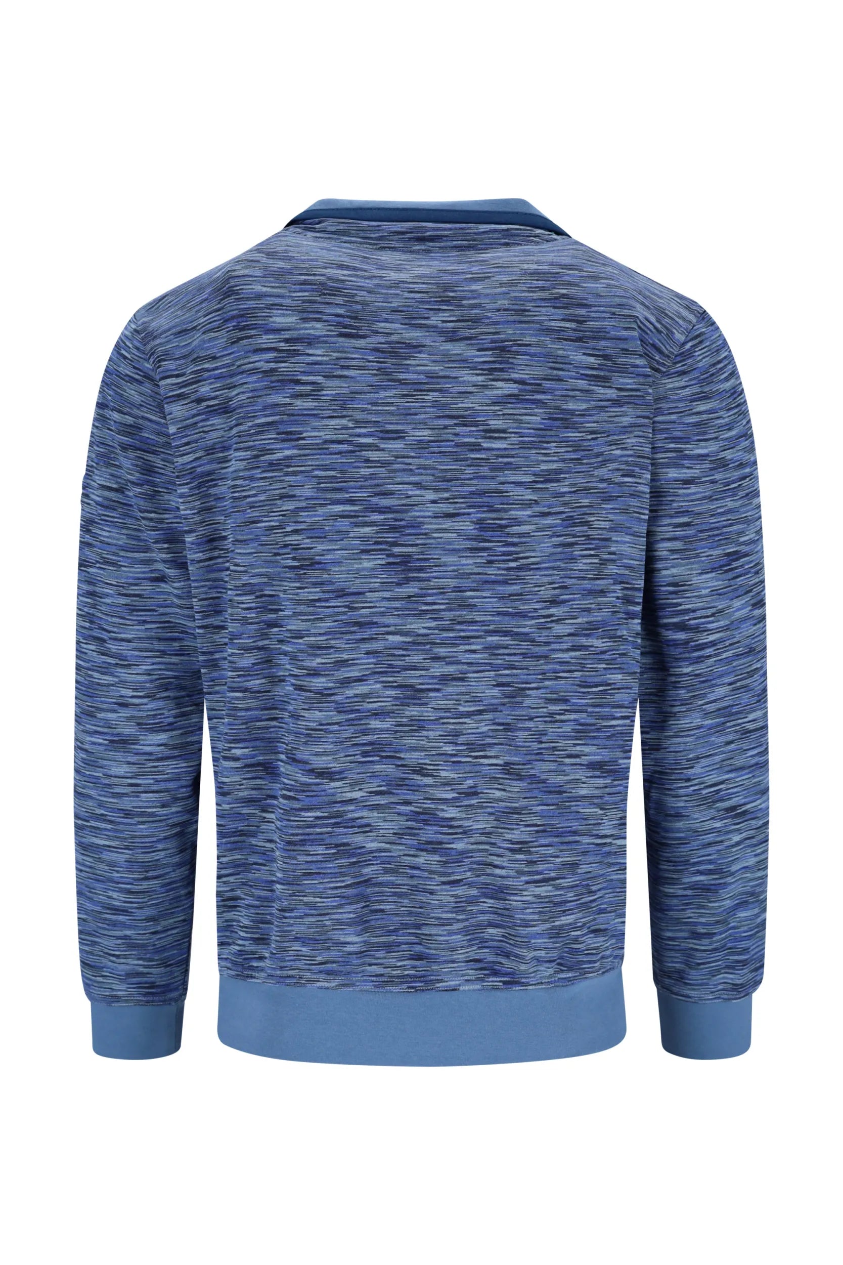 Blau und marineblau meliertes Sweatshirt mit hohem Kragen.