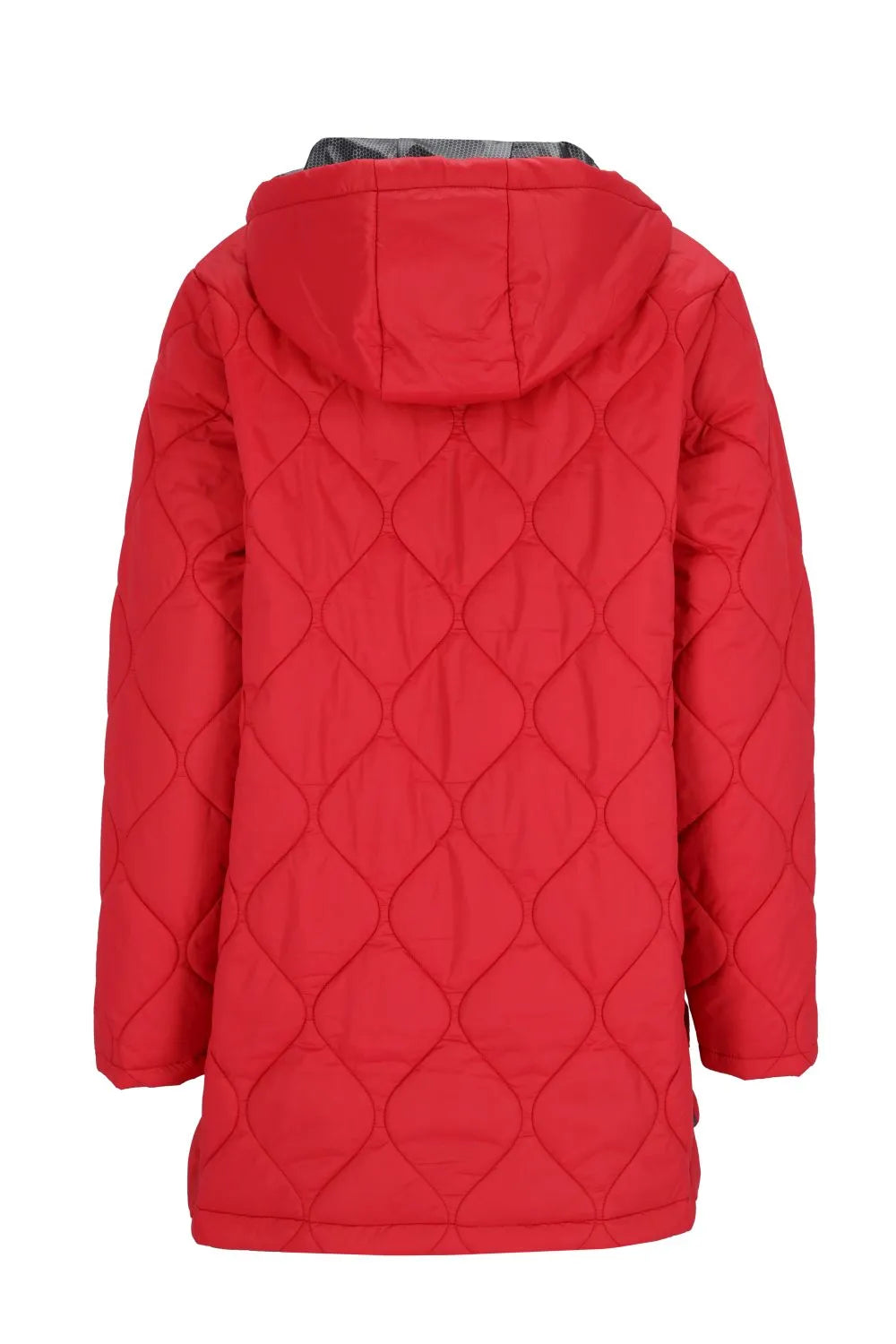Rote, gesteppte Pufferjacke mit Kapuze und Reißverschluss.