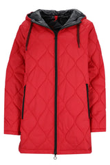 Rote Steppjacke mit Kapuze und Reißverschluss, wahrscheinlich aus Nylon oder Polyester.