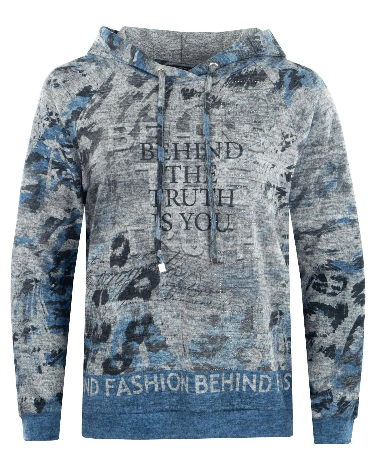 Blauer und grauer Tie-Dye-Kapuzenpulli mit dem Textmotiv ’Behind the truth is you’.