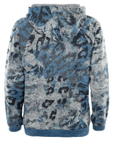Blauer und grauer Kapuzenpullover mit Leopardenmuster und Kapuze.
