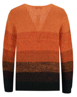 Orange und schwarz gestreifter Pullover mit strukturiertem Strickmuster.
