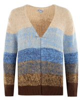 Beige und blau gestreifte Strickjacke mit braunem Saum.