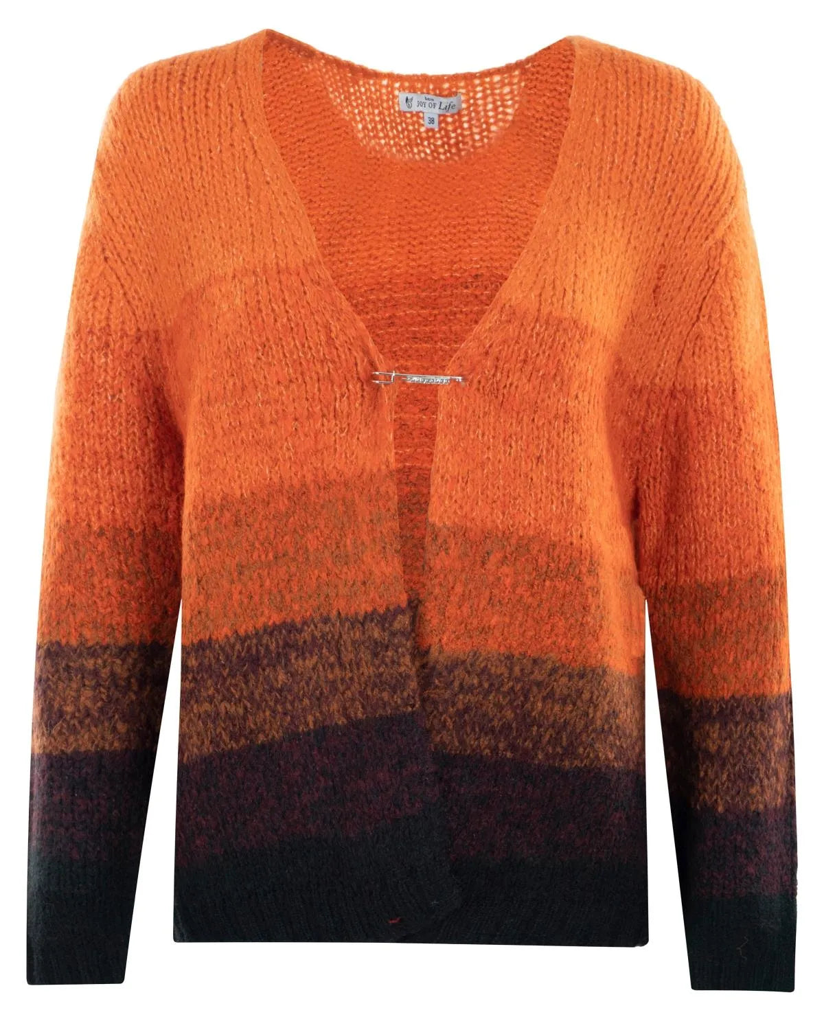 Orange und schwarz gestreifter Strickpullover mit Knopfverschluss.