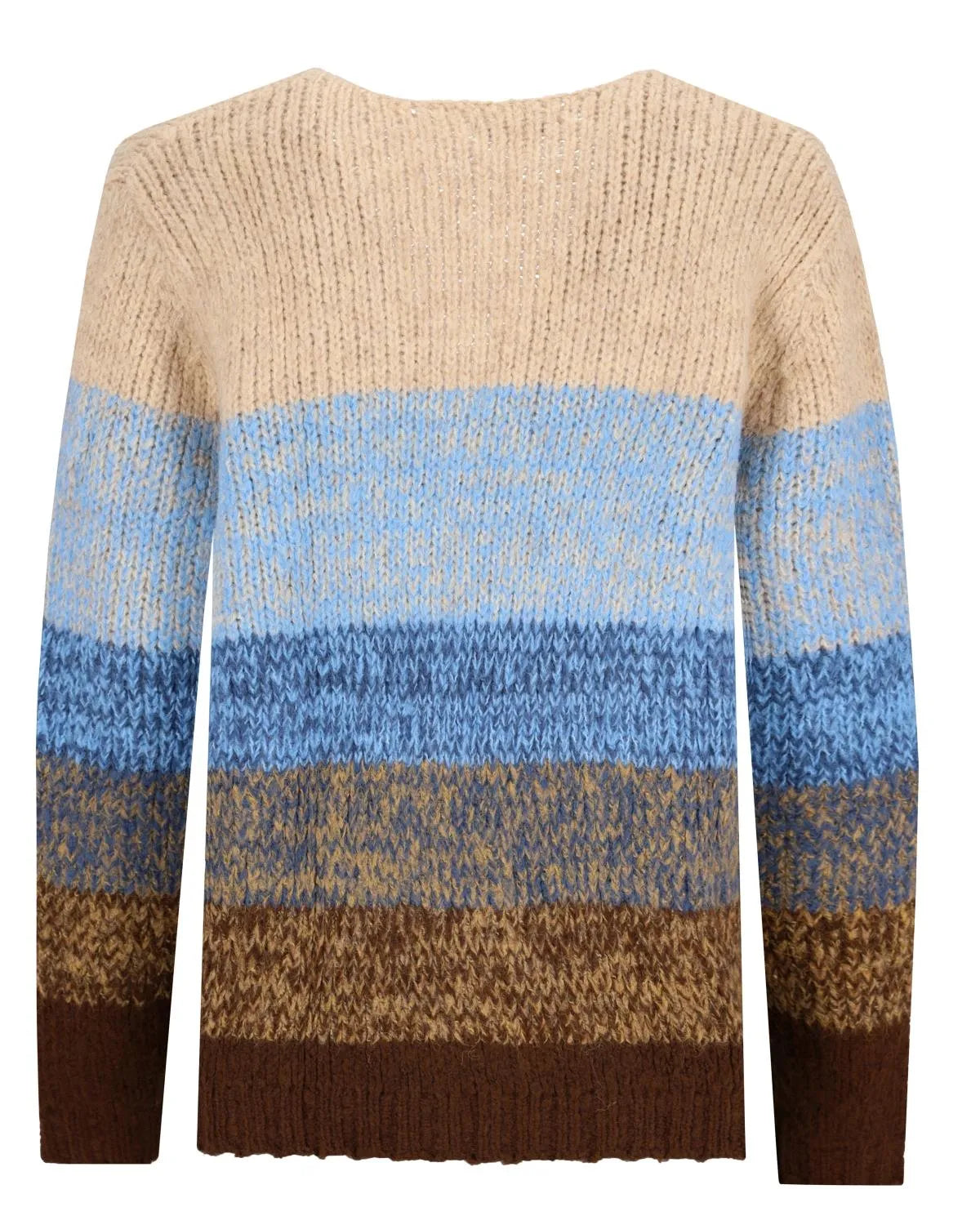 Beige und blau gestreifter Pullover mit Rippstrickstruktur, braune Bündchen.