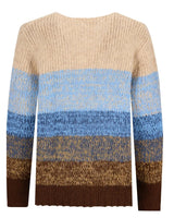 Beige und blau gestreifter Pullover mit Rippstrickstruktur, braune Bündchen.