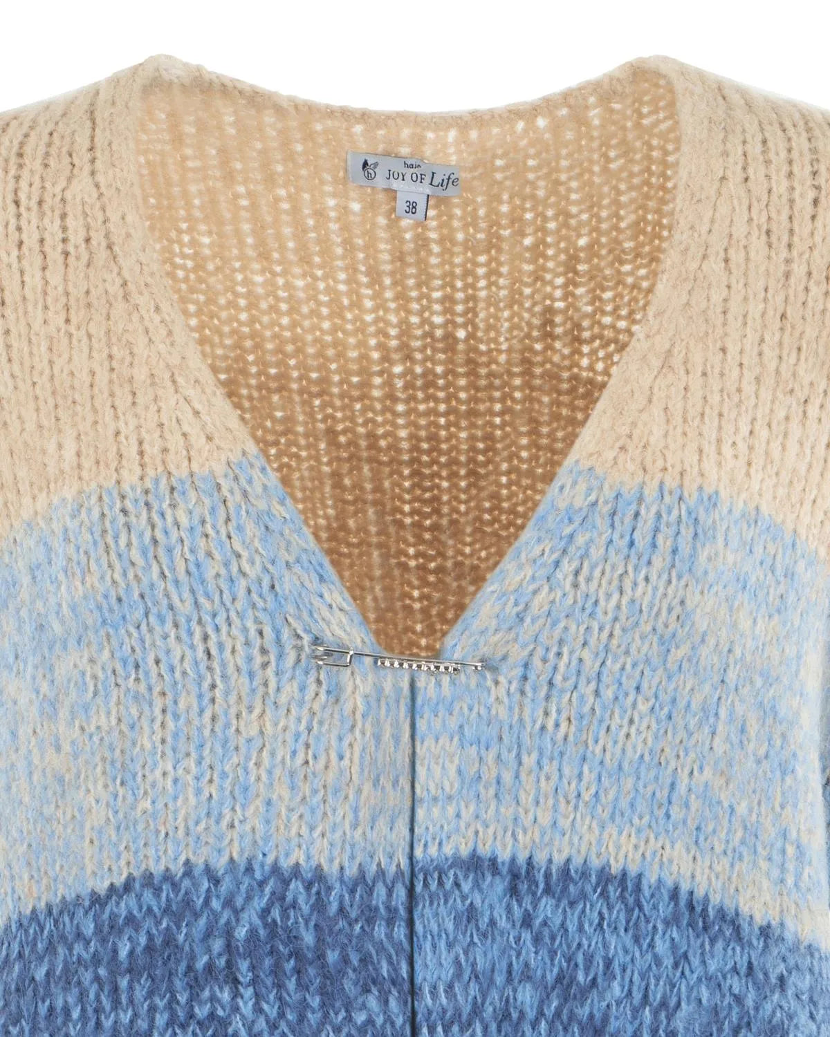 Beige und blau gestreifte Strickjacke mit V-Ausschnitt.