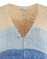 Beige und blau gestreifte Strickjacke mit V-Ausschnitt.
