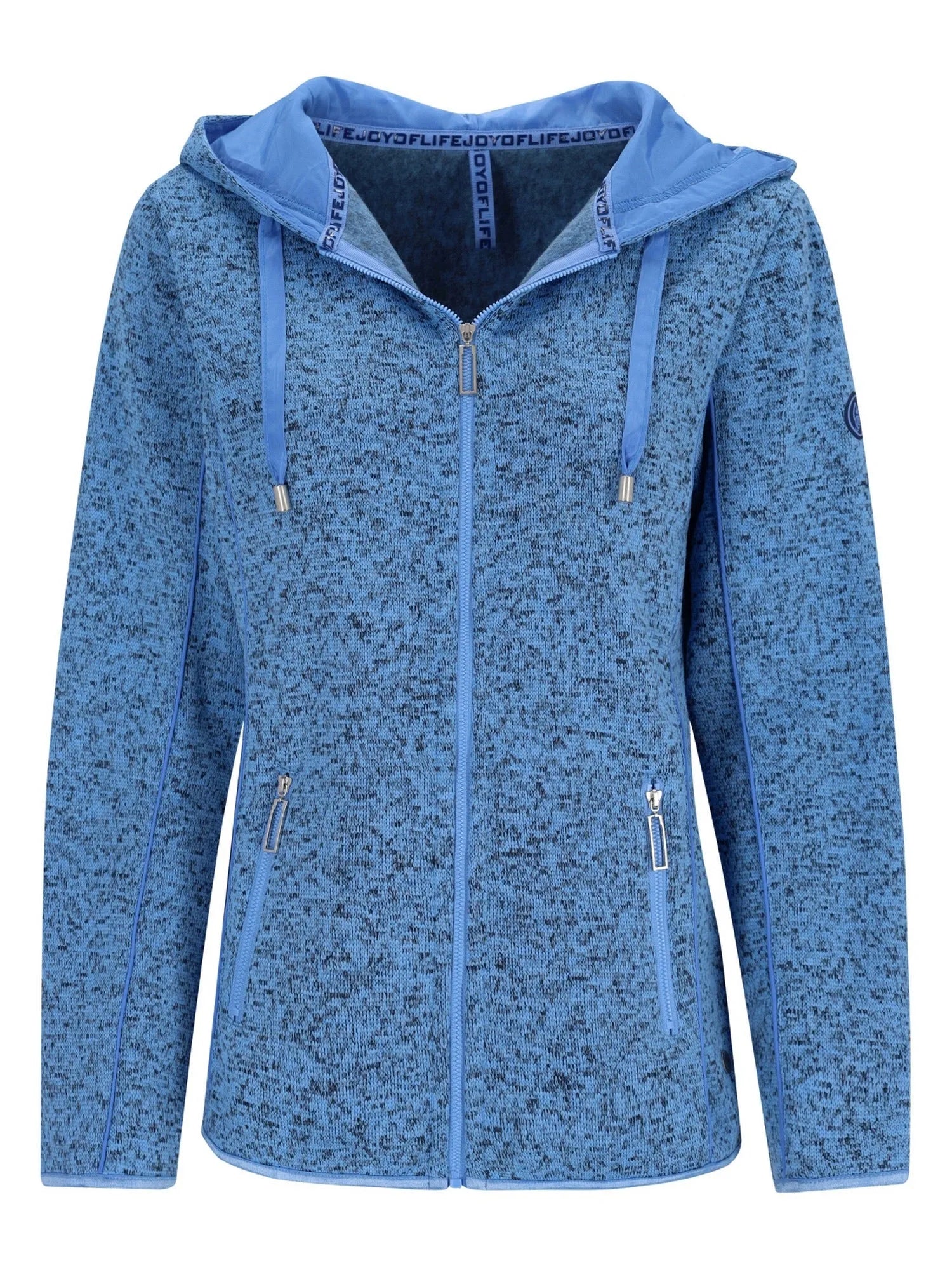 Blauer, gesprenkelter Kapuzenpulli mit Reißverschluss, Kapuze und Kordeln, wahrscheinlich aus Fleece-Material gefertigt.