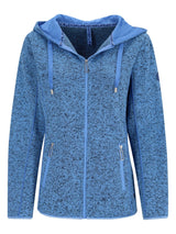 Blauer, gesprenkelter Kapuzenpulli mit Reißverschluss, Kapuze und Kordeln, wahrscheinlich aus Fleece-Material gefertigt.
