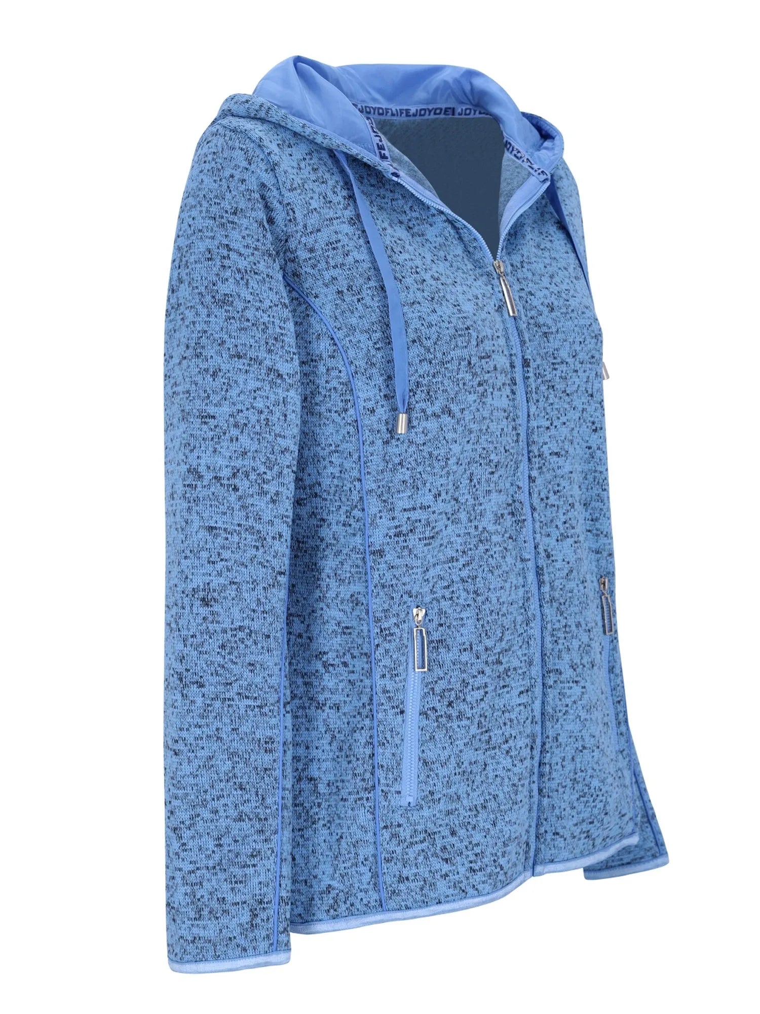 Blaue gesprenkelte Fleecejacke mit Kapuze und Reißverschluss, wahrscheinlich von der Marke Columbia.