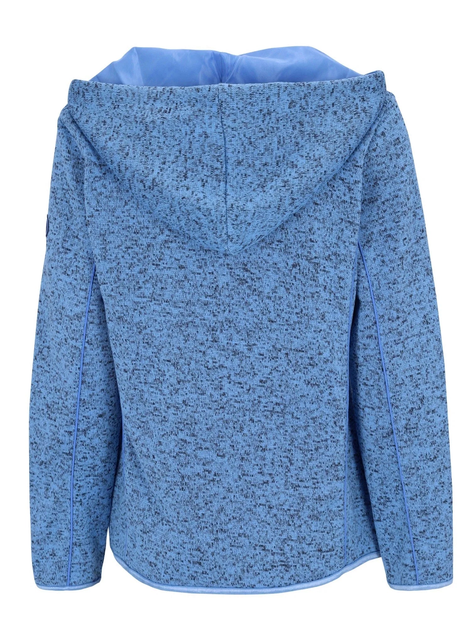 Blauer gesprenkelter Hoodie mit Kapuze und langen Ärmeln.