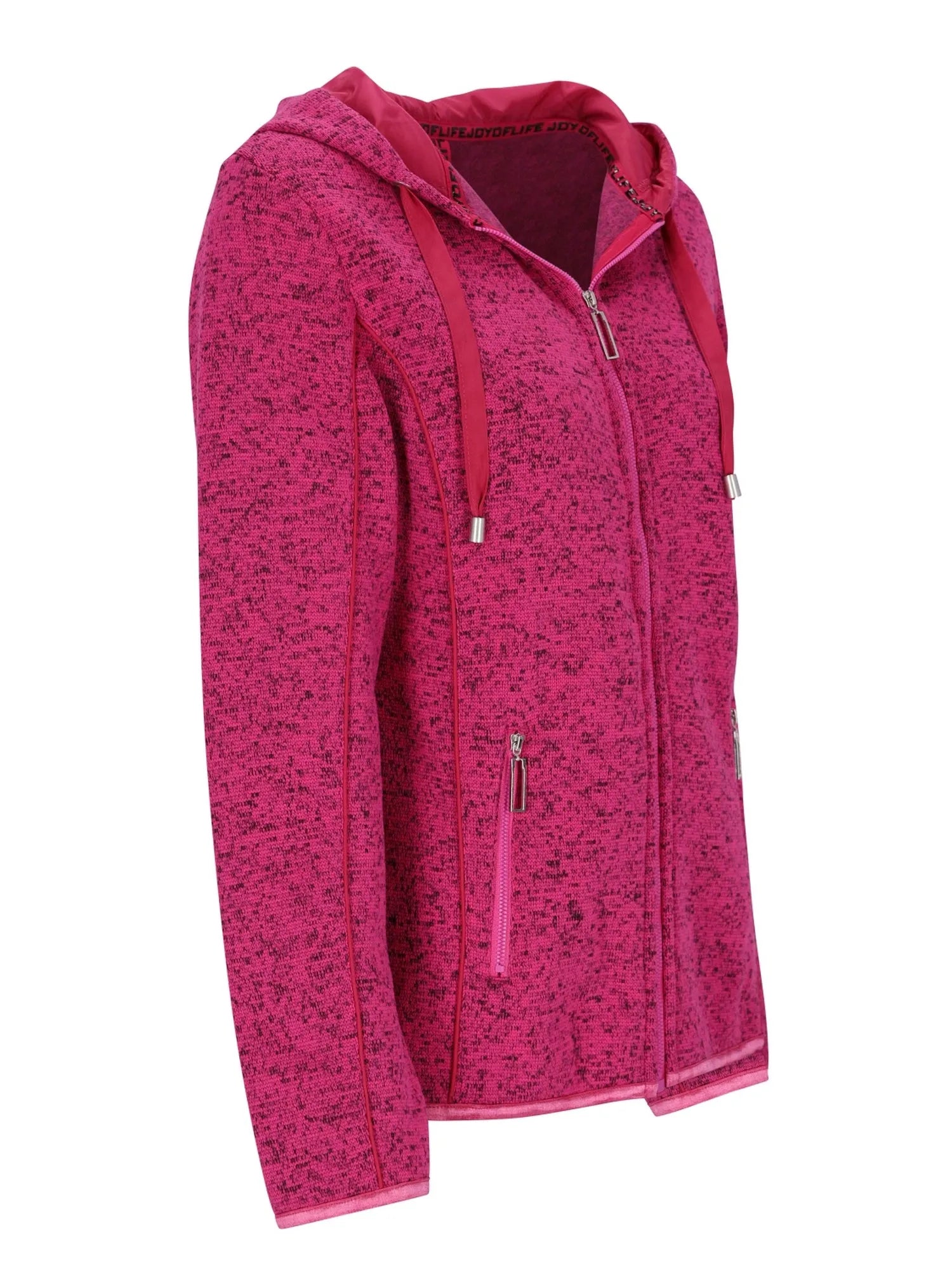 Rosa gefleckte Fleecejacke mit Kapuze und Reißverschluss, Marke unbekannt.