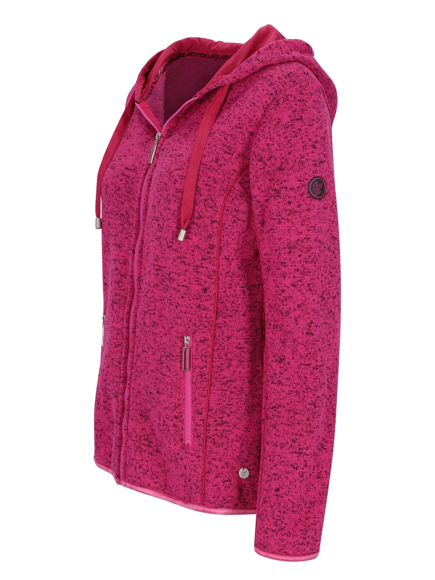Magenta gesprenkelte Fleecejacke mit Kapuze und Reißverschluss, mit einem dezenten Muster.