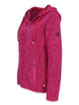Magenta gesprenkelte Fleecejacke mit Kapuze und Reißverschluss, mit einem dezenten Muster.