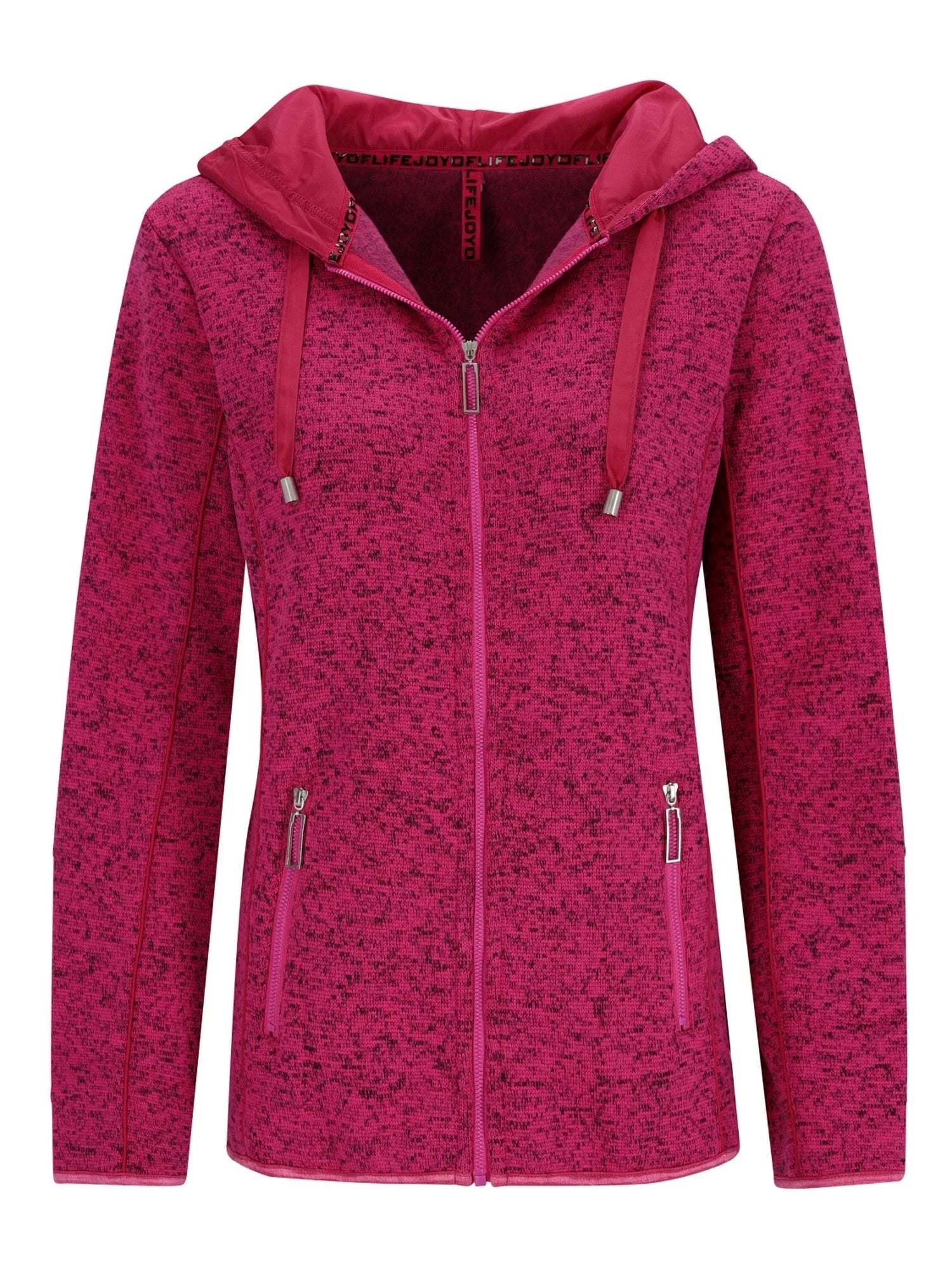 Magenta gesprenkelter Reißverschluss-Hoodie mit Kapuze und Kordelzügen, wahrscheinlich aus Fleece oder ähnlichem weichem Material gefertigt.