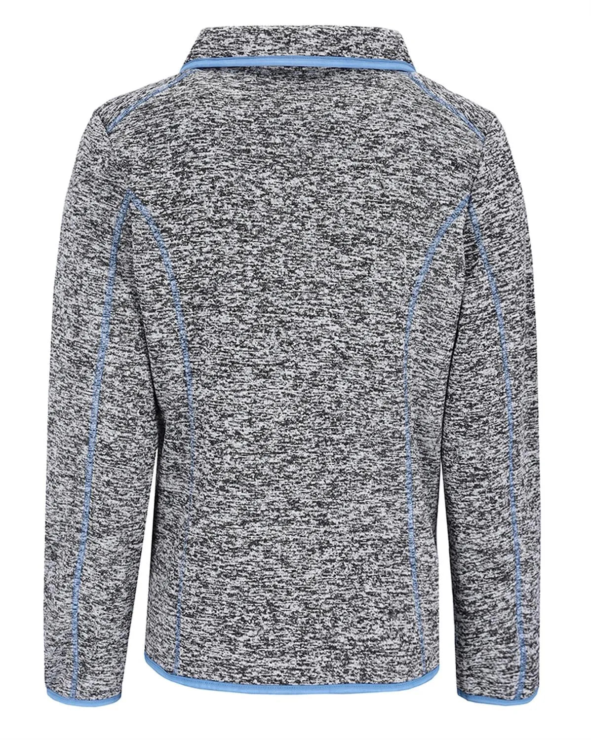 Anthrazit und hellblau gesprenkelter Pullover mit geripptem Kragen und Manschetten.