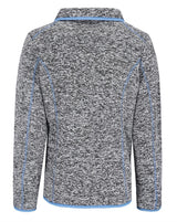 Anthrazit und hellblau gesprenkelter Pullover mit geripptem Kragen und Manschetten.