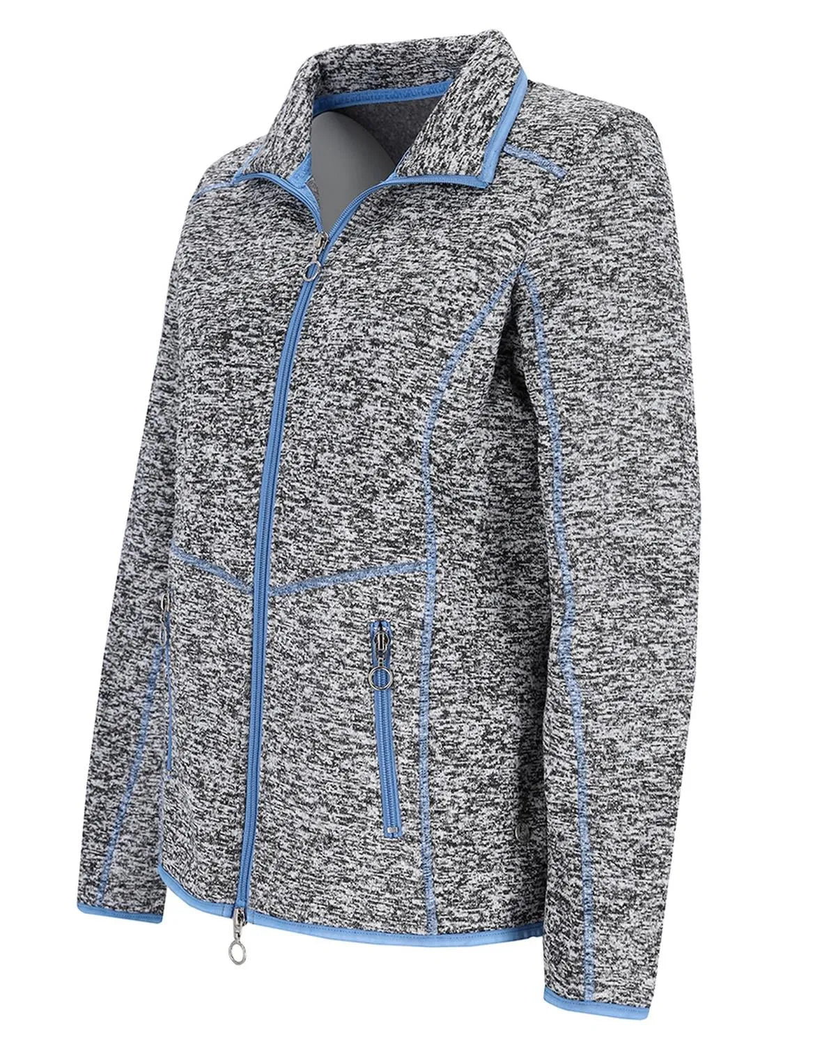 Grau-blau melierte Pulloverjacke mit Reißverschluss und hellblauen Akzenten.