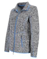Grau-blau melierte Pulloverjacke mit Reißverschluss und hellblauen Akzenten.