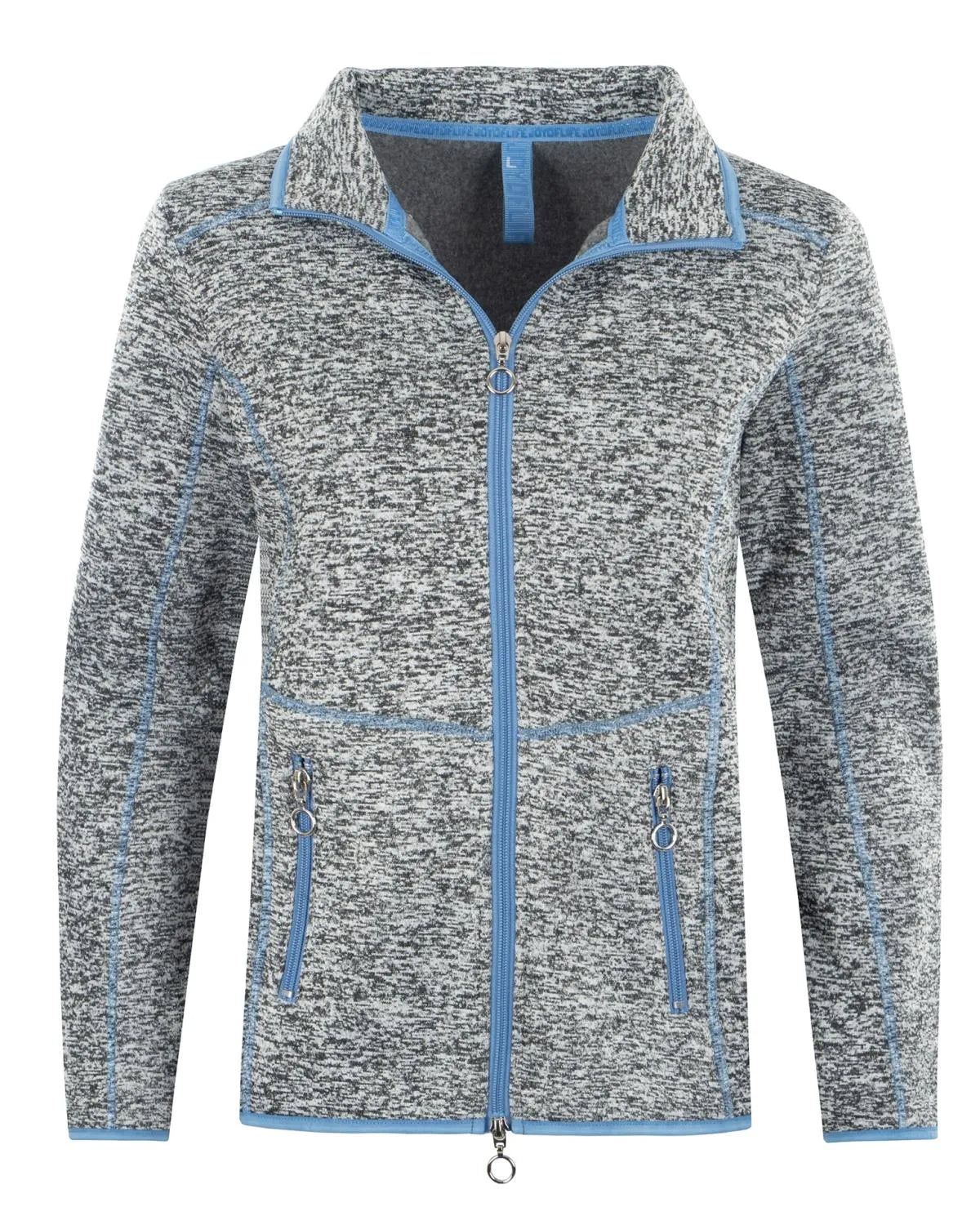 Blau und grau gesprenkelte Fleecejacke mit Reißverschluss, Taschen und Kontrastnähten.
