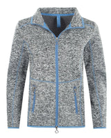 Blau und grau gesprenkelte Fleecejacke mit Reißverschluss, Taschen und Kontrastnähten.