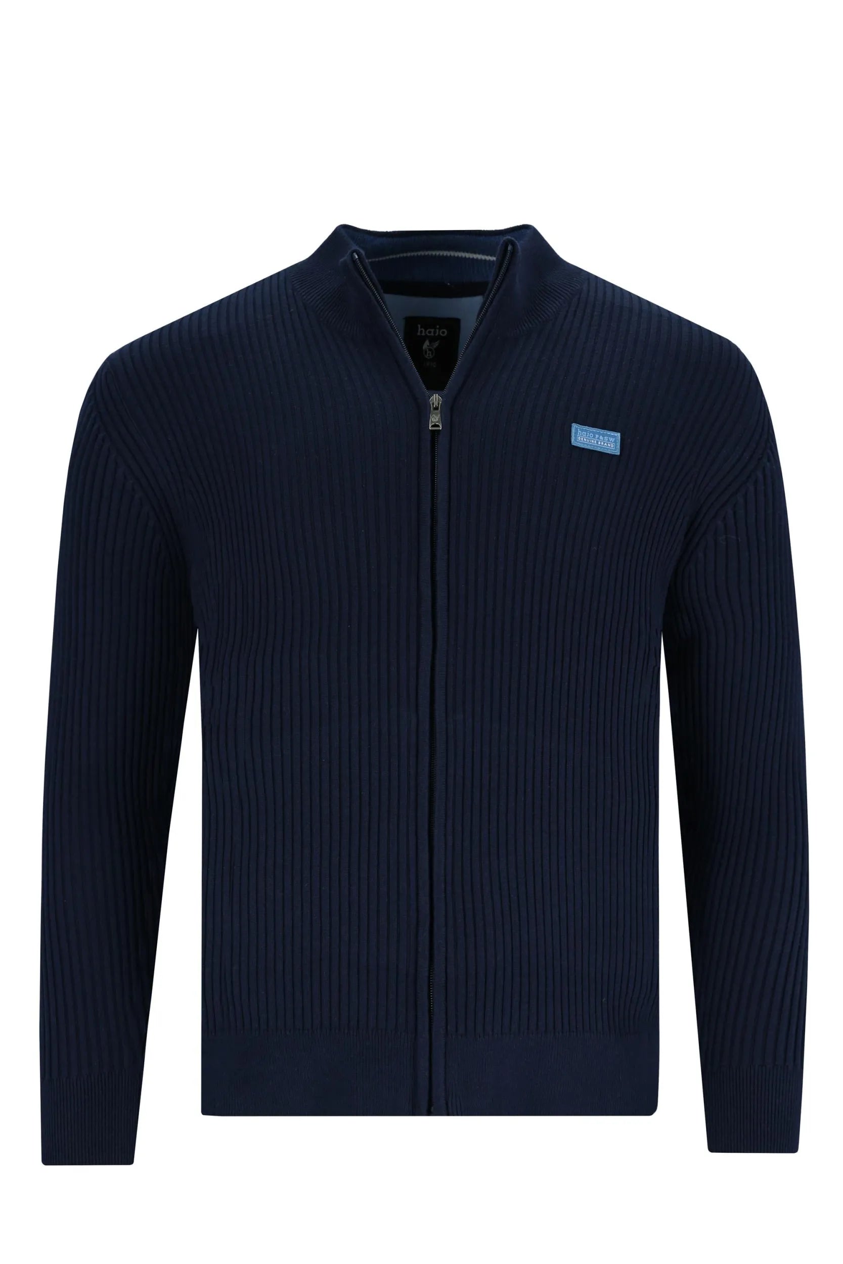 Marineblauer, gerippter Pullover mit Reißverschluss und einem Markenaufnäher auf der Brust.