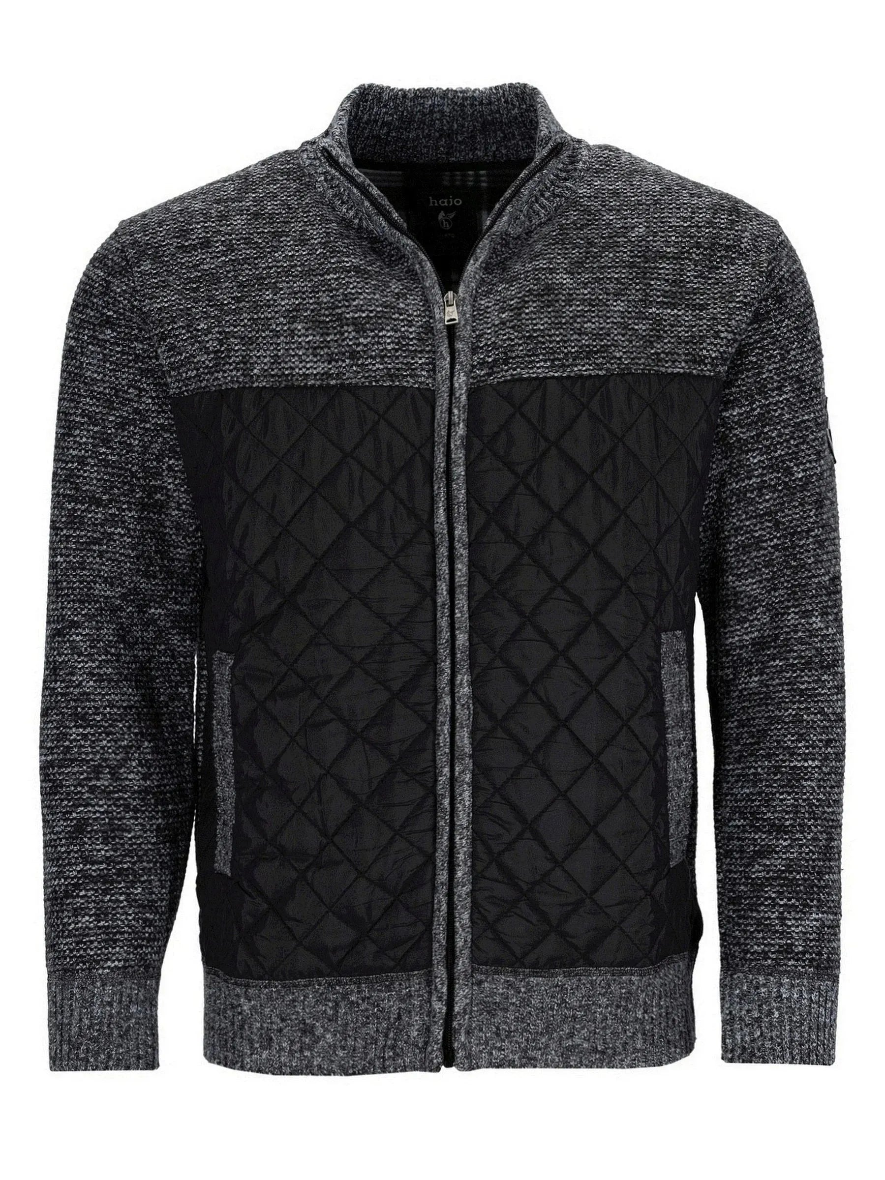 Kohle-graue und schwarze Steppjacke im Bomber-Stil mit texturierten Strickärmeln.