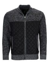 Kohle-graue und schwarze Steppjacke im Bomber-Stil mit texturierten Strickärmeln.