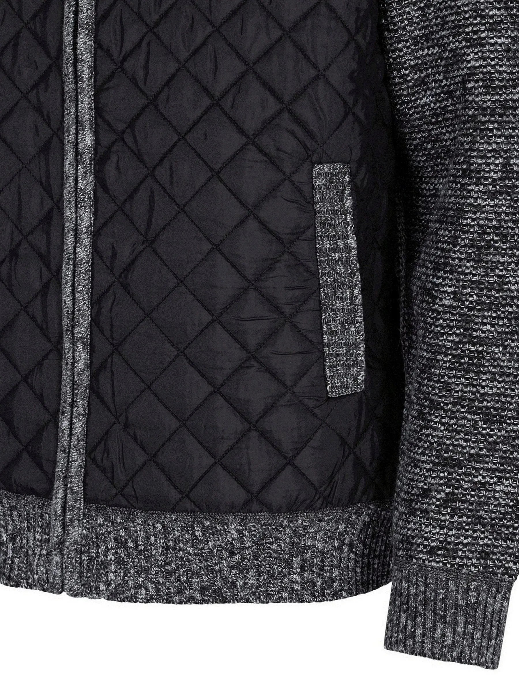Schwarze Steppjacke mit Reißverschluss und strukturierten Ärmeln.