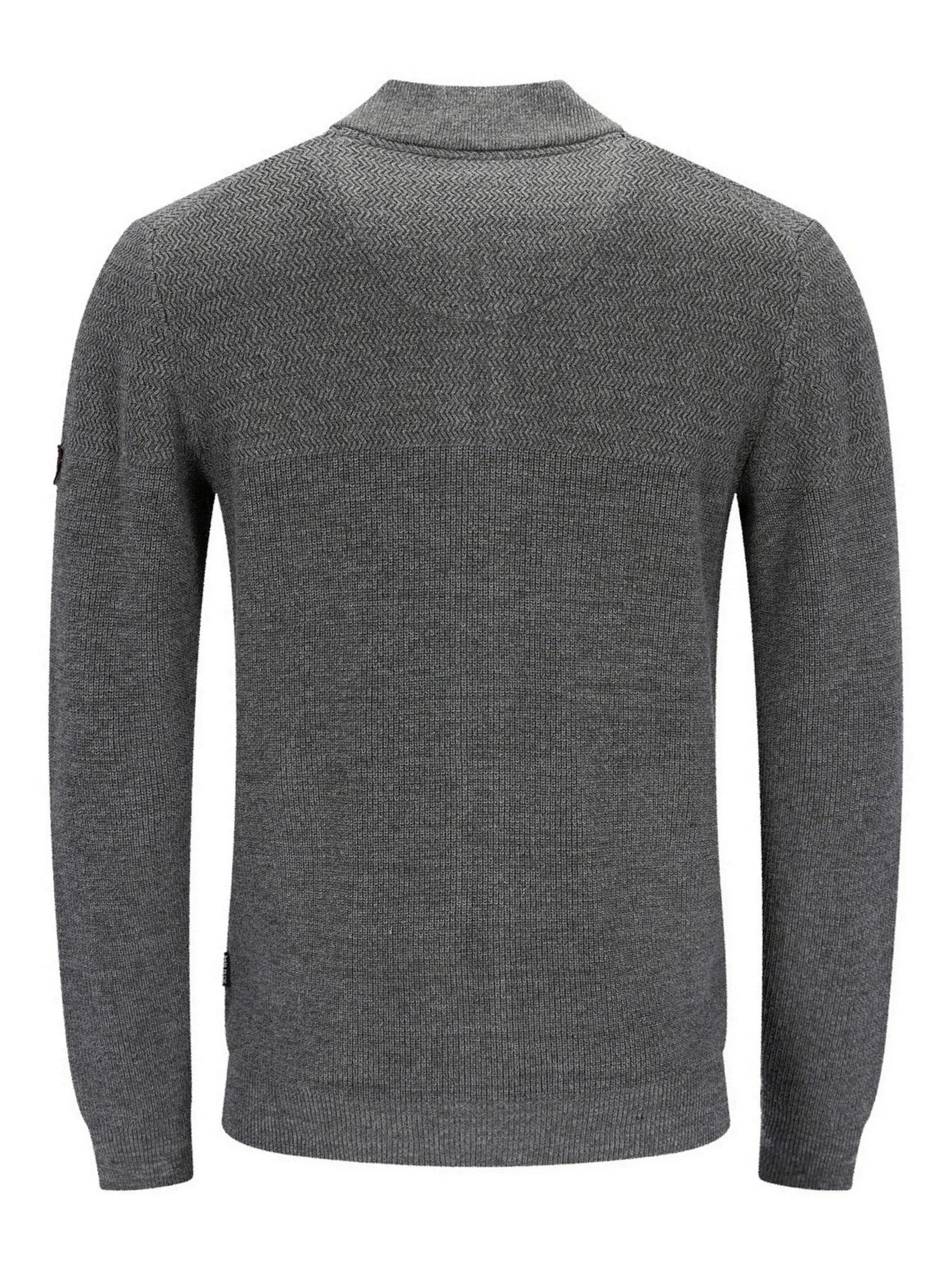 Kohle-grauer strukturierten Pullover mit gerippten Details und einem kleinen Patch auf dem linken Ärmel.